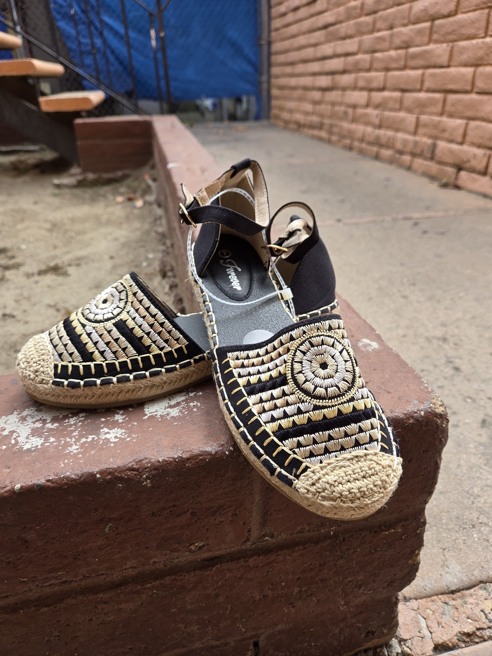 Handwoven Black and Natural Espadrille Flats with Ankle Strap